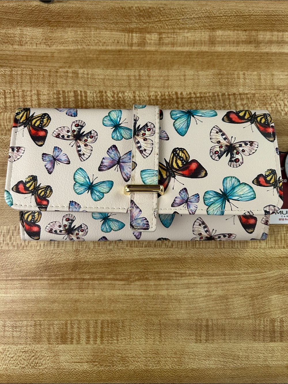 mundi Cream Butterfly Print Foldover Wallet with Blue & Red Accents
